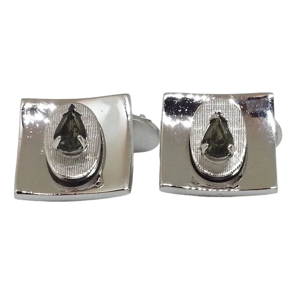 Smoke Faceted Glass Stone Cufflinks‎ Silver Tone Teardrop Double Faced Chainlink